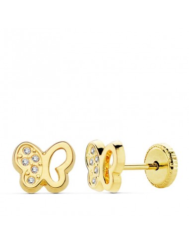 18K PENDIENTES ORO AMARILLO MARIPOSA CIRCONITA 7X6 MM CIERRE TUERCA