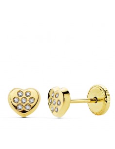 18K PENDIENTES ORO AMARILLO CORAZON CIRCONITA 5X5.5 MM CIERRE TUERCA