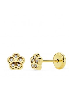 18K PENDIENTES ORO AMARILLO FLOR CIRCONITA 5.5 MM CIERRE TUERCA