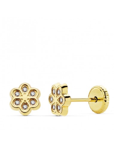 18K PENDIENTES ORO AMARILLO FLOR CIRCONITA 6.5 MM CIERRE TUERCA