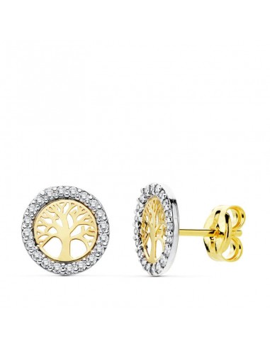 18K PENDIENTES ARBOL DE LA VIDA ORO BICOLOR 8 MM CIERRE PRESION