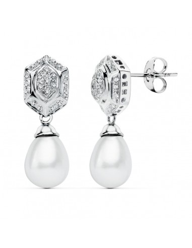 18K PENDIENTES PERLA ORO BLANCO CIRCONITA PRESION