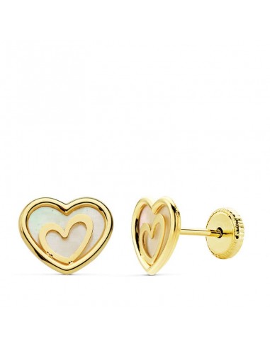 18K PENDIENTES ORO AMARILLO CORAZON NACAR 9X7 MM CIERRE TUERCA