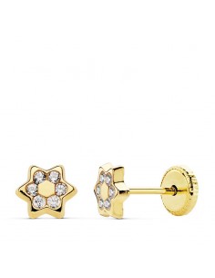 18K PENDIENTES ORO AMARILLO ESTRELLA 5 MM CIRCONITA CIERRE TUERCA