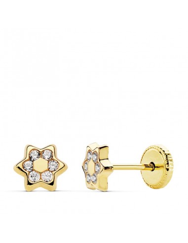 18K PENDIENTES ORO AMARILLO ESTRELLA 5 MM CIRCONITA CIERRE TUERCA