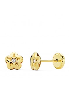 18K PENDIENTES ORO AMARILLO FLOR CIRCONITA 5X5 MM CIERRE TUERCA