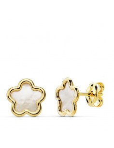 18K PENDIENTES ORO AMARILLO FLOR NACAR 8X8 MM CIERRE PRESION CIERRE PRESION