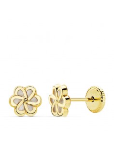 18K PENDIENTES ORO AMARILLO FLOR NACAR 6X6 MM CIERRE TUERCA