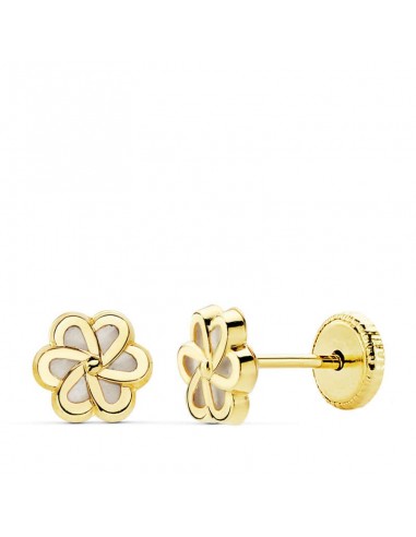 18K PENDIENTES ORO AMARILLO FLOR NACAR 6X6 MM CIERRE TUERCA