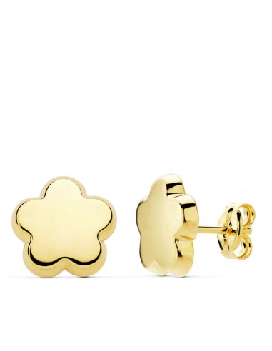 18K PENDIENTES ORO AMARILLO FLOR LISA 10X10 MM CIERRE PRESION
