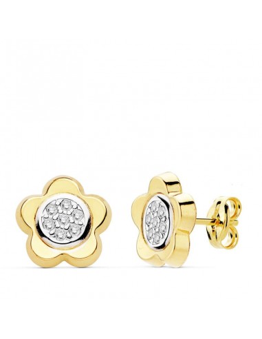 18K PENDIENTES ORO BICOLOR FLOR CIRCONITA 10 MM CIERRE PRESION