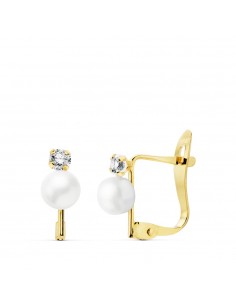 18K PENDIENTES CIRCONITA ORO BICOLOR 2.5 MM PERLA 4.5 MM CIERRE CATALAN