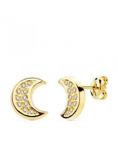 18K PENDIENTES MEDIA LUNA ORO AMARILO CIRCONITA 9 X 8 MM CIERRE PRESION