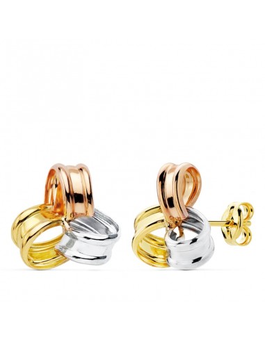 18K PENDIENTES TRICOLOR TREBOL. 13X11 MM CIERRE PRESION