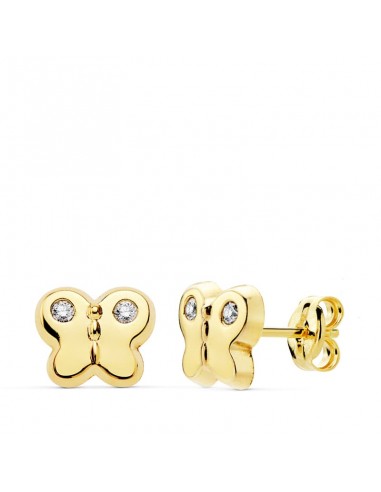 18K PENDIENTES ORO AMARILLO MARIPOSA CIRCONITA 7.5X6 CIERRE PRESION