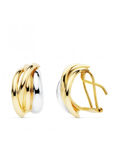 18K PENDIENTES ORO BICOLOR BANDAS 14X8 MM CIERRE OMEGA