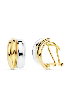 18K PENDIENTES ORO BICOLOR BANDAS 14X8 MM CIERRE OMEGA