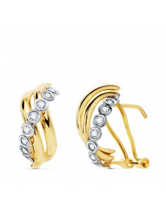 18K PENDIENTES ORO BICOLOR BANDAS 16X8 MM CIERRE OMEGA