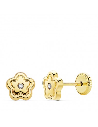 18K PENDIENTES ORO AMARILLO FLOR CIRCONITA 6X6 MM CIERRE TUERCA