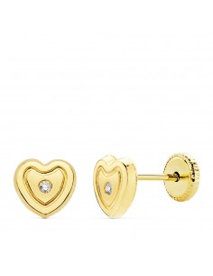 18K PENDIENTES ORO AMARILLO CORAZON CIRCONITA 6.5X6 M CIERRE TUERCA C. AMOR