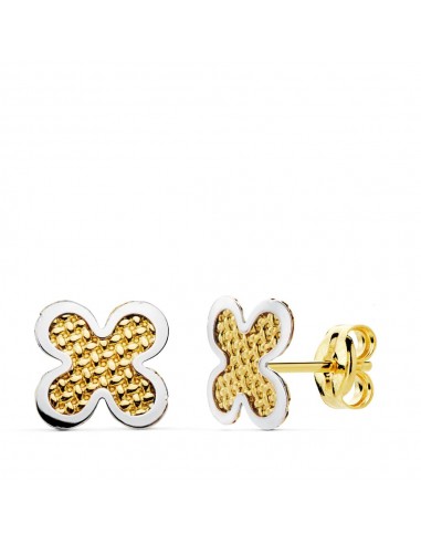 18K PENDIENTES ORO BICOLOR TREBOL 7X7 MM CIERRE PRESION