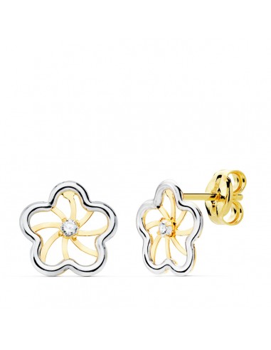 18K PENDIENTES ORO BICOLOR FLOR Y CIRCONITA 8X8 MM CIERRE PRESION