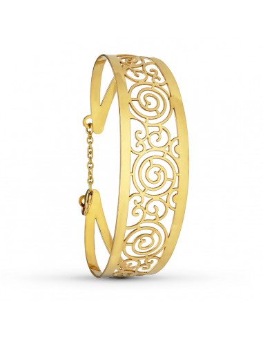 18K PULSERA RIGIDA ORO AMARILLO CALADA MOTIVOS MEDIDA INTERIOR 62X55 MM ANCHO TOTAL 20 MM CIERRE MOSQUETON CON CADENA