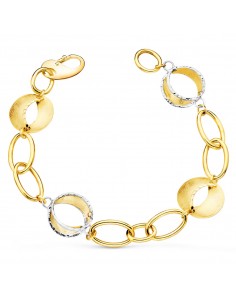 18K PULSERA ORO BICOLOR ESLABONES OVALES Y MOTIVOS REDONDOS RAYADOS. 20CM