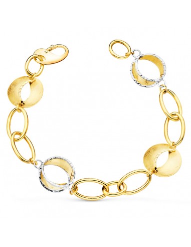 18K PULSERA ORO BICOLOR ESLABONES OVALES Y MOTIVOS REDONDOS RAYADOS. 20CM