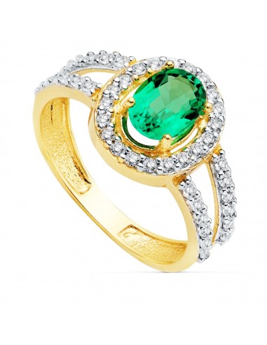 18K SORTIJA ORO BICOLOR CON CIRCONITA Y ESMERALDA 0.79 QTES DE 7X5 MM
