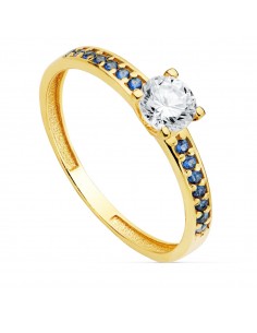 18K SOLITARIO ORO AMARILLO GARRAS CIRCONITA 5 MM Y CIRCONITA AZULES