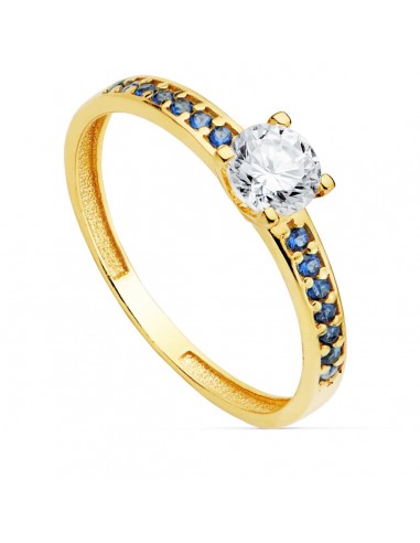 18K SOLITARIO ORO AMARILLO GARRAS CIRCONITA 5 MM Y CIRCONITA AZULES