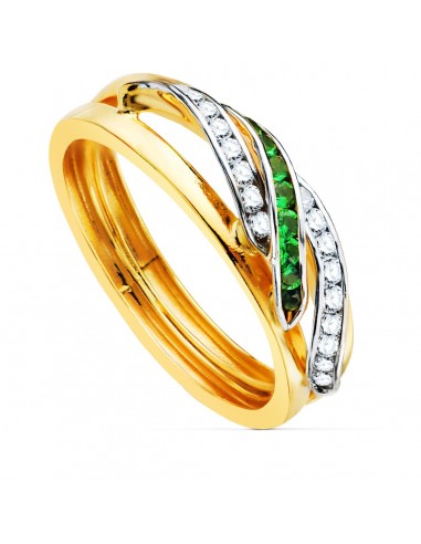 18K SORTIJA ORO BICOLOR BANDAS Y CIRCONITA BLANCAS Y VERDES. ANCHO CUERPO 6 MM
