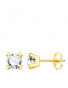 18K PENDIENTES ORO AMARILLO CIRCONITA 5 MM 4 GARRAS CIERRE PRESION