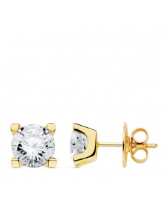 18K PENDIENTES ORO AMARILLO 4 GARRAS CIRCONITA 7X7 MM CIERRE PRESION