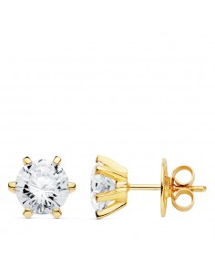 18K PENDIENTES ORO AMARILLO 6 GARRAS CIRCONITA 8X8 MM CIERRE PRESION