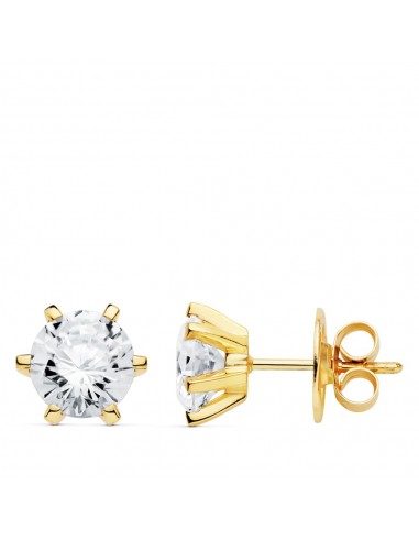 18K PENDIENTES ORO AMARILLO 6 GARRAS CIRCONITA 8X8 MM CIERRE PRESION