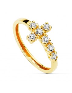 18K SORTIJA ORO AMARILLO  CON CRUZ DE 7 CIRCONITAS. ANCHO: 8MM. ANCHO CUERPO: 2MM
