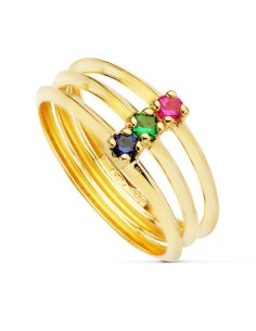18K SORTIJA ORO AMARILLO TRIPLE CUERPO CON CIRCONITA DE COLORES