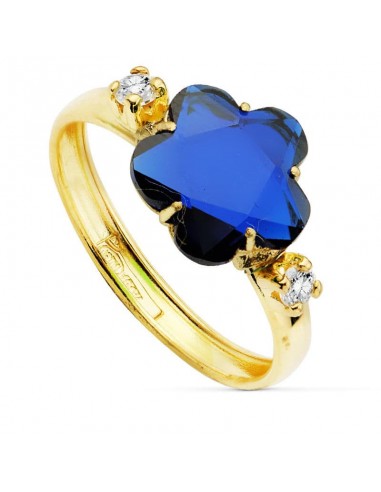 18K SORTIJA ORO AMARILLO CON CIRCONITA AZUL FORMA FLOR 10X10 MM.