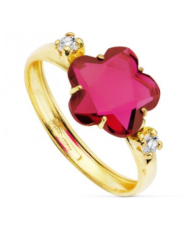 18K SORTIJA ORO AMARILLO CON CIRCONITA ROJA FORMA FLOR 10X10 MM.