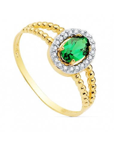 18K SORTIJA ORO BICOLOR ESMERALDA RECRISTALIZADA 6 X 4MM CON CIRCONITAS. ANCHO: 9 5 MM
