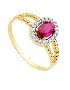 18K SORTIJA ORO BICOLOR CON PIEDRA ROJA 6X4 MM Y DOBLE CUERPO DE BOLITAS LISAS