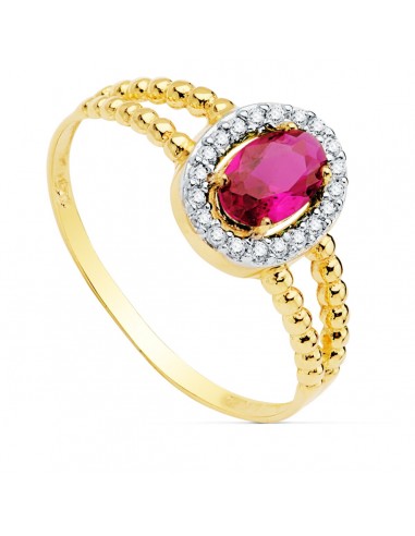 18K SORTIJA ORO BICOLOR CON PIEDRA ROJA 6X4 MM Y DOBLE CUERPO DE BOLITAS LISAS