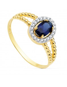 18K SORTIJA ORO BICOLOR ZAFIRO 6 X 4MM CON CIRCONITAS DOBLE CUERPO BOLITAS. ANCHO: 9 5 MM