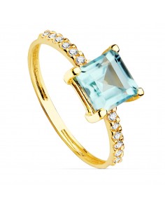 18K SORTIJA ORO AMARILLO CIRCONITA Y TOPACIO AZUL 6X6 MM ANCHO CUERPO 1.5 MM