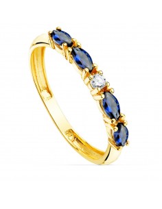 18K SORTIJA ORO AMARILLO 4 CIRCONITA AZULES TALLA MARQUISE ANCHO 2 MM
