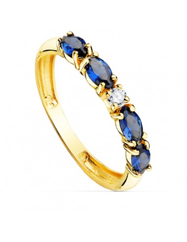 18K SORTIJA ORO AMARILLO 4 CIRCONITA AZULES TALLA MARQUISE ANCHO 2.5 MM