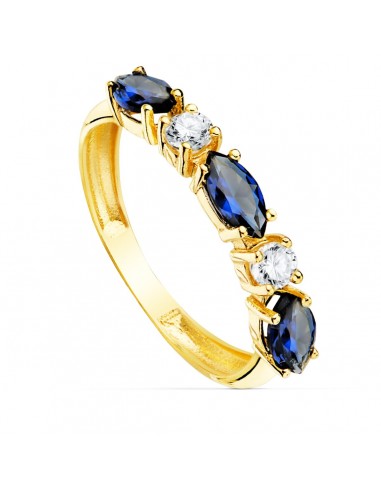 18K SORTIJA ORO AMARILLO 3 CIRCONITA AZULES TALLA MARQUISE ANCHO 3 MM