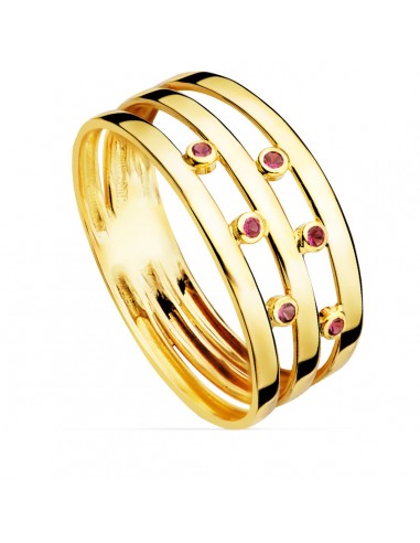 18K SORTIJA ORO AMARILLO BANDAS PIEDRAS ROJAS. ANCHO CUERPO 8 MM
